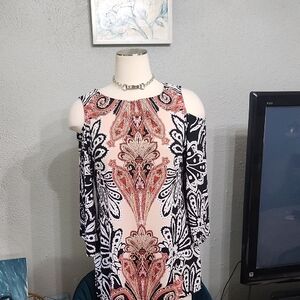 JM Collection Black and Coral Paisley Blouse